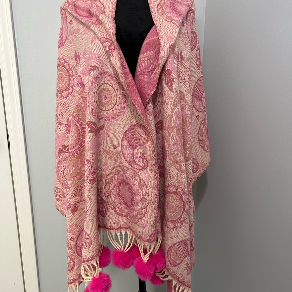 Pink Paisley Wrap Shawl | Pom Pom Fringe Scarf | Boho Chic | NWOT